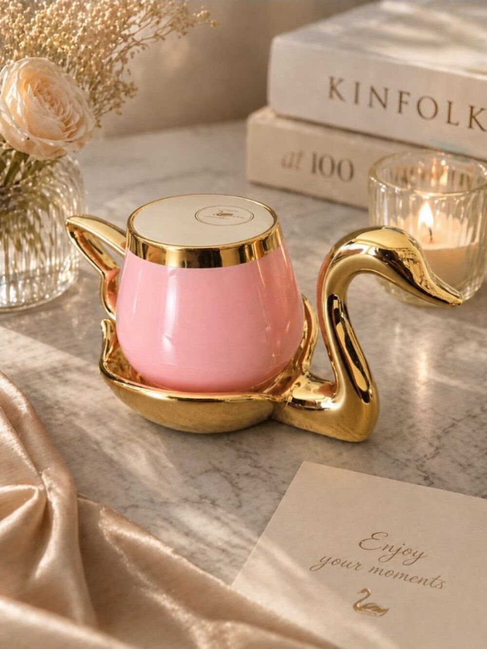 New Grace Teaware Porcelain Gold / Pink Swan Tea Cup And Saucer Gift